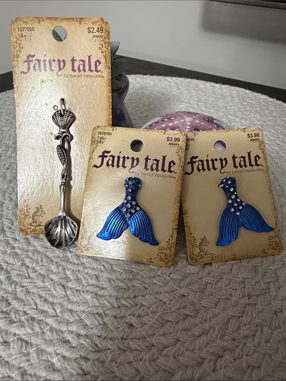 2 Fairy Tale Blue Mermaid Tail charms and 1 silver spoon charm